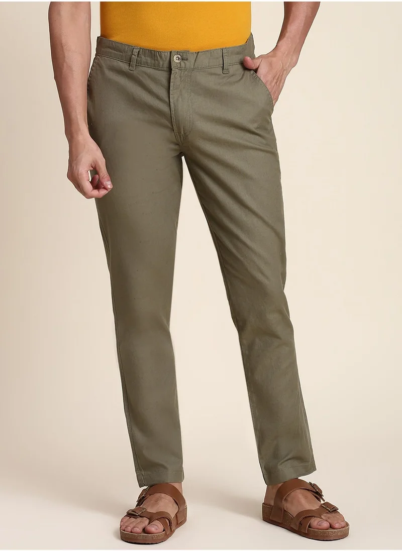 Dennis Lingo Light Olive Casual Trousers for Men - Slim Fit, Linen