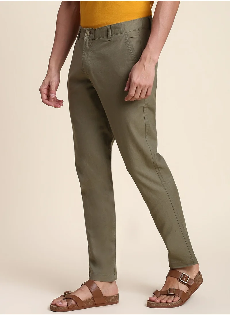 Dennis Lingo Light Olive Casual Trousers for Men - Slim Fit, Linen