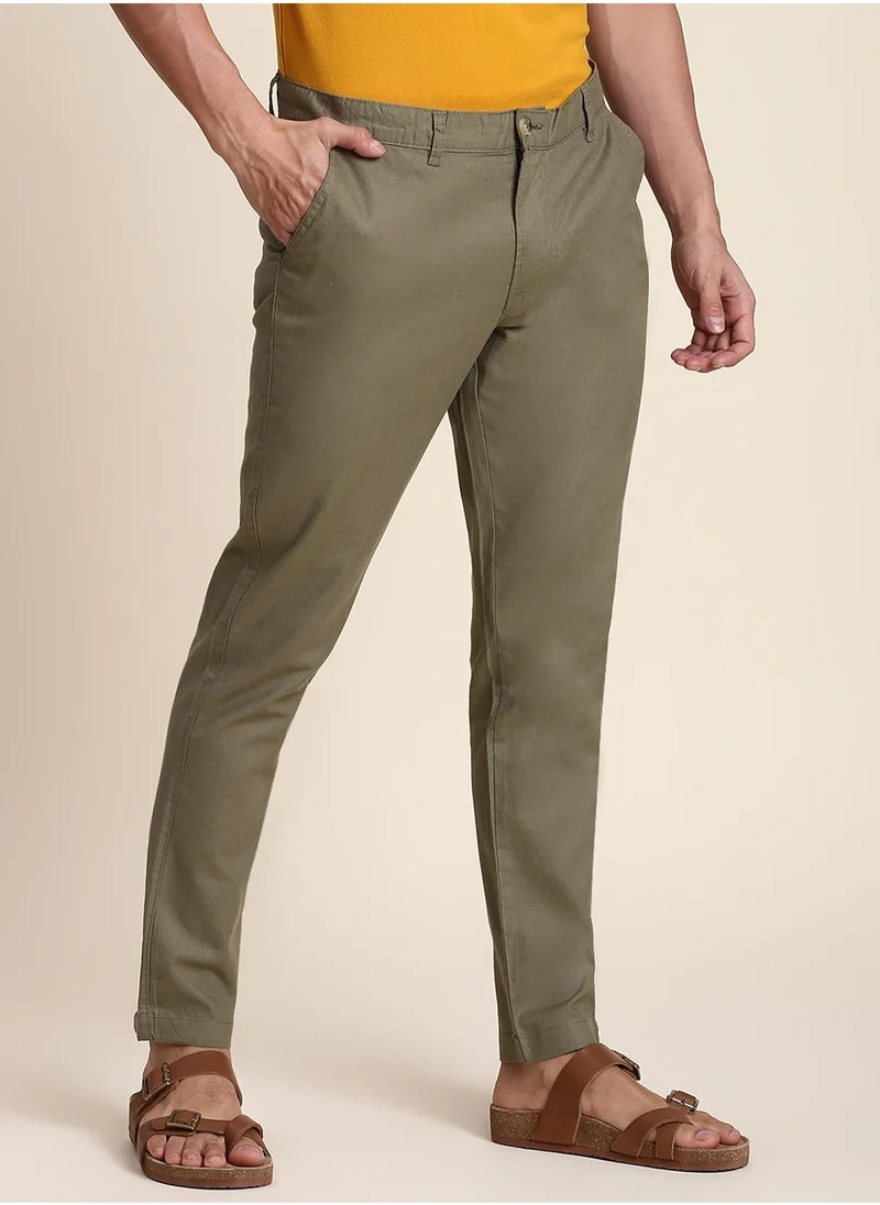 Dennis Lingo Light Olive Casual Trousers for Men - Slim Fit, Linen