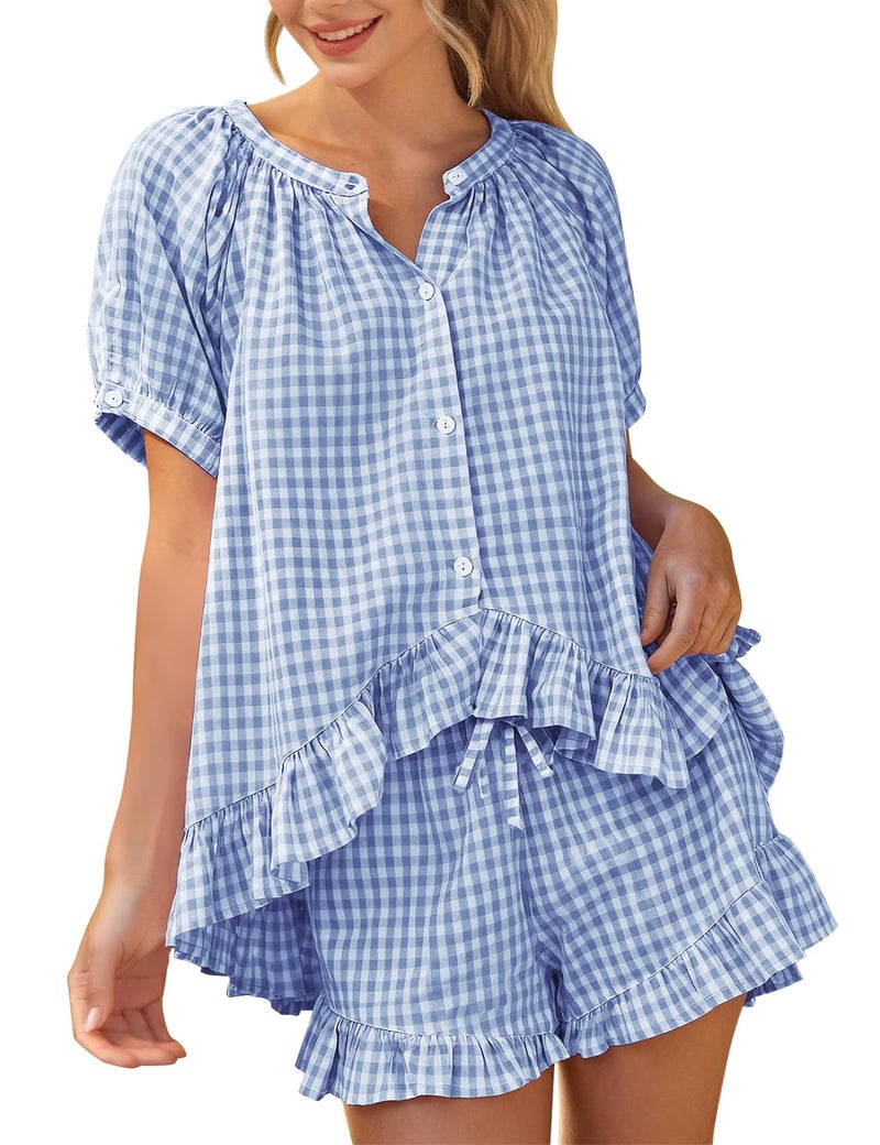 PEHMEA 2 Piece Gingham Pajama Sets for Women Summer Outfits 2026 Plaid Babydoll Shirt Ruffle Shorts Lounge Pjs(Blue-S) - Image 1