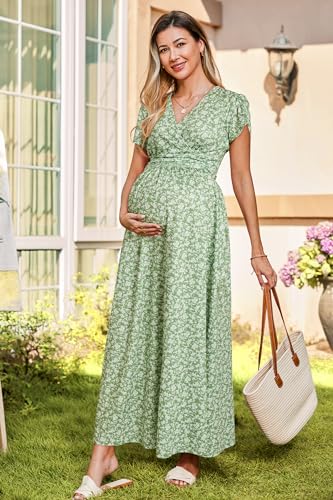 OUGES Summer Maternity Maxi Dress Wrap V Neck Baby Shower Pregnancy Dresses for Photoshoot(Floral-8, Medium) - Image 3