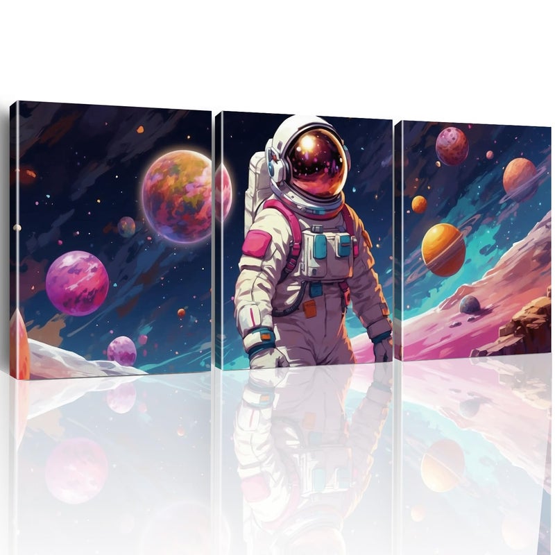 Outer Space Wall Art  Astronaut Spaceman Planets Canvas Prints Posters Framed Artwork for Space Room Boys Bedroom Playroom Home Decorations 3 Panels