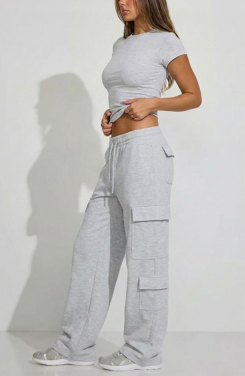 Waitfairy Cargo Sweatpants for Women - Straight Leg Fleece Lined Joggers Women Barrel Sweat Pants for Girls Y2k Clothes Light Grey M - Image 5
