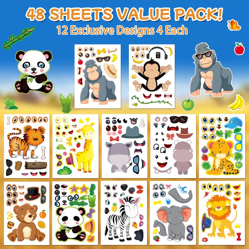 Aowplc 48 Make A Safari Animal Sticker Sheets - Jungle & Zoo Party Favors Supplies - Fun Craft Activities for Kids Ages 3+ - Image 2