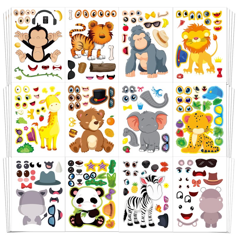 Aowplc 48 Make A Safari Animal Sticker Sheets - Jungle & Zoo Party Favors Supplies - Fun Craft Activities for Kids Ages 3+ - Image 1