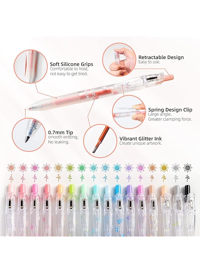 إيروريكس أقلام جل لامعة قابلة للسحب مكونة من 16 لونًا، أقلام جل لامعة برأس رفيع 0.7 مم، أقلام ملونة لتدوين اليوميات ورسم المجلات والكتب والأدوات الفنية المدرسية - Image 2