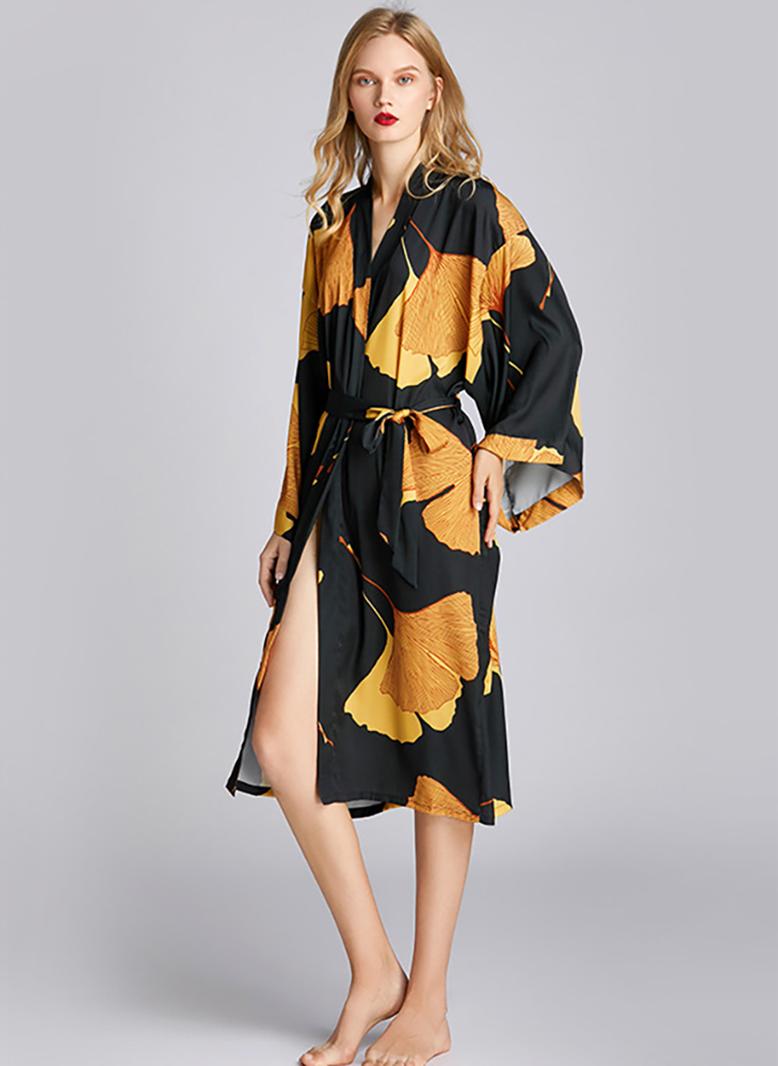 Dignified style V-neck Printing Splicing Irregular Flared sleeve Sleep Dresses Black - Image 4
