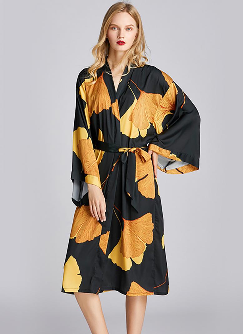 Dignified style V-neck Printing Splicing Irregular Flared sleeve Sleep Dresses Black - Image 1