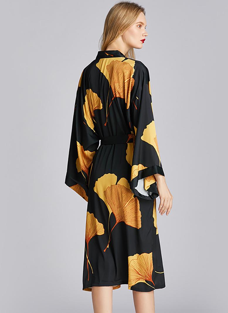 Dignified style V-neck Printing Splicing Irregular Flared sleeve Sleep Dresses Black - Image 2