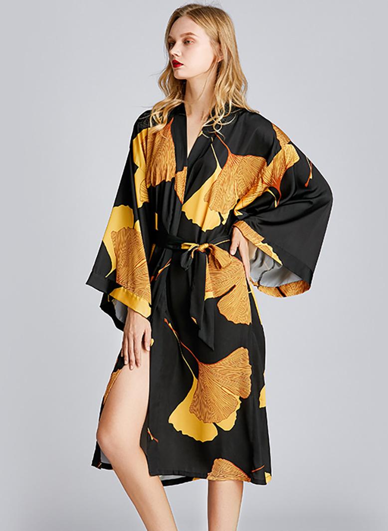 Dignified style V-neck Printing Splicing Irregular Flared sleeve Sleep Dresses Black - Image 3