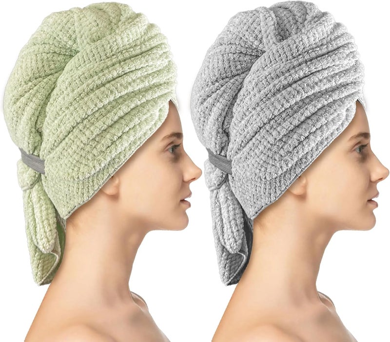 Simnice 2 Pack Extra Microfiber Hair Towel Wrap for Women,Super Soft Anti Frizz Hair Wrap Towels with Elastic Band for All Hairstyles Grey & Green