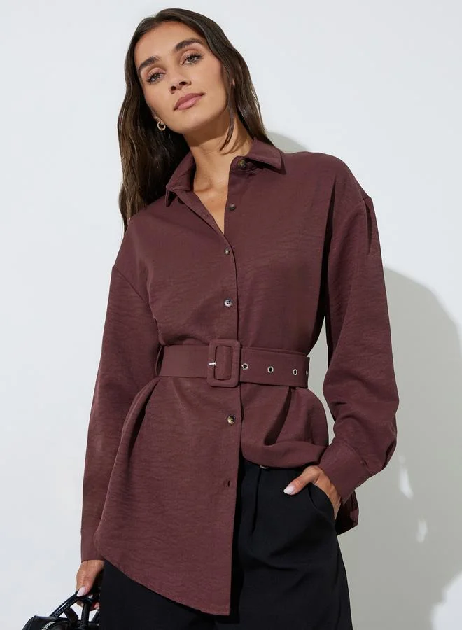Styli Burgundy Textured Belted Overshirt