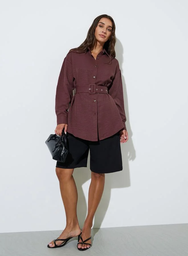 Styli Burgundy Textured Belted Overshirt