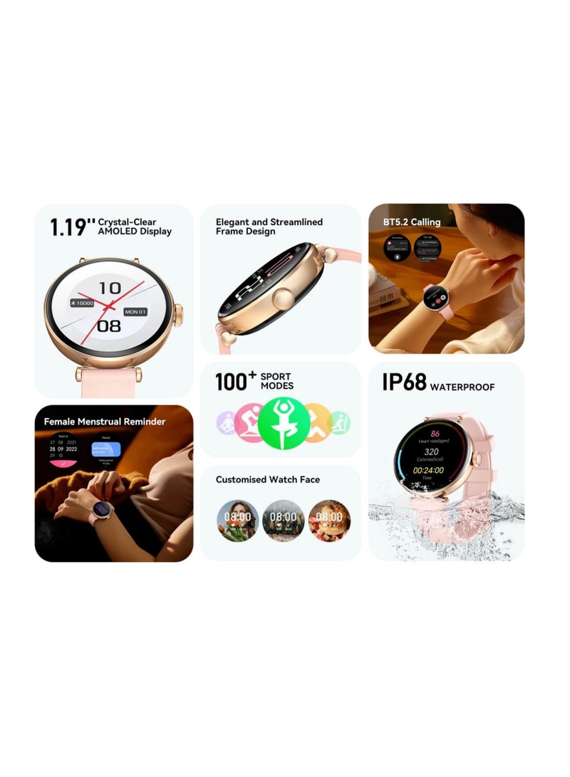 كيسلكت ساعة كيسلكت بورا الذكية للنساء مع مكالمات بلوتوث، شاشة AMOLED مقاس 1.19 بوصة، مقاومة للماء IP68، أكثر من 100 وضع رياضي، مع سوارين – ذهبي - Image 2