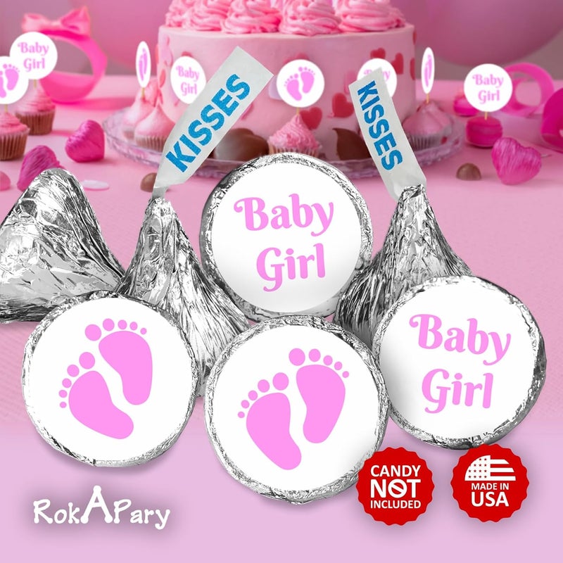 RokAPary 324 Baby Girl Pink Footprints Kisses Labels for Baby Shower Party Favors Stickers Wrappers Decorations Made in USA - Image 2