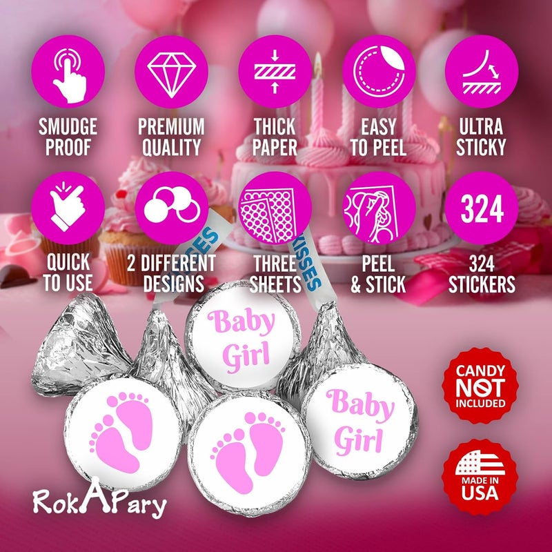 RokAPary 324 Baby Girl Pink Footprints Kisses Labels for Baby Shower Party Favors Stickers Wrappers Decorations Made in USA - Image 3