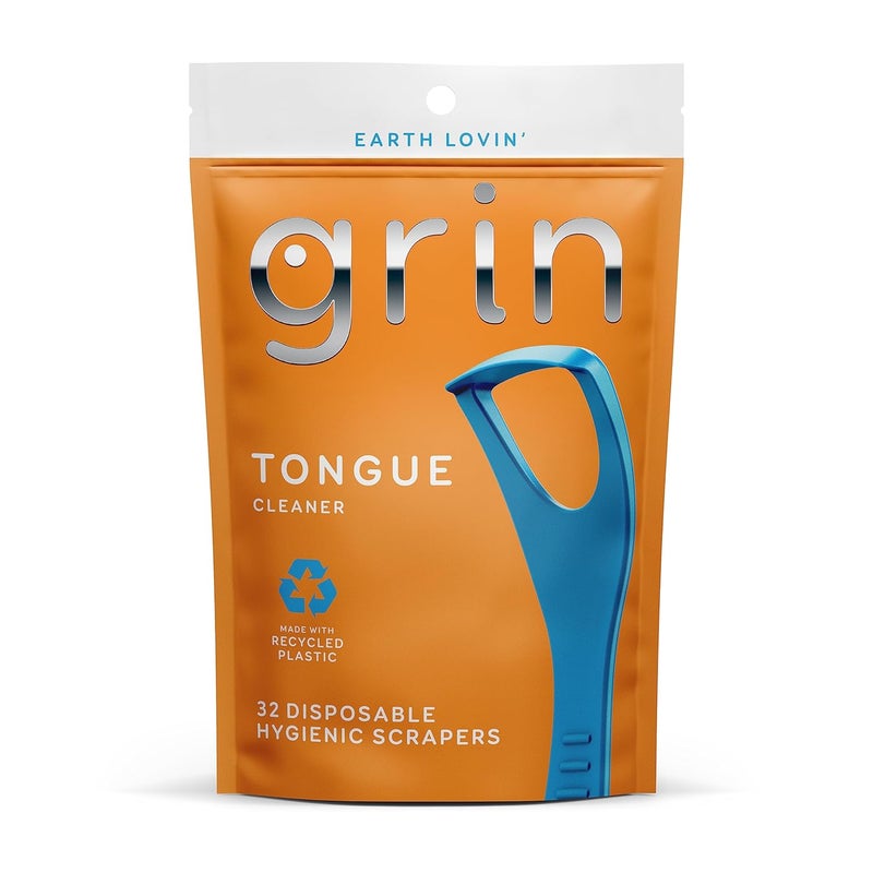 GRIN Tongue Cleaner 32 Count Disposable Tongue Cleaner Hygienic Scraper Recycled Plastic Clean Tongue Promote Fresh Breath Includes Safe Fold Back Tooth Pick - Image 1