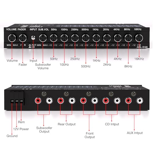 Suacopzar 9 Band Car Audio Equalizer, Car Graphic Equalizer EQ W/Front, Rear +Sub Output, 8V RMS Line Driver, Frequency Adjustable Audio Output for Car, Boat W/CD/AUX Input, White Light Illumination - Image 3