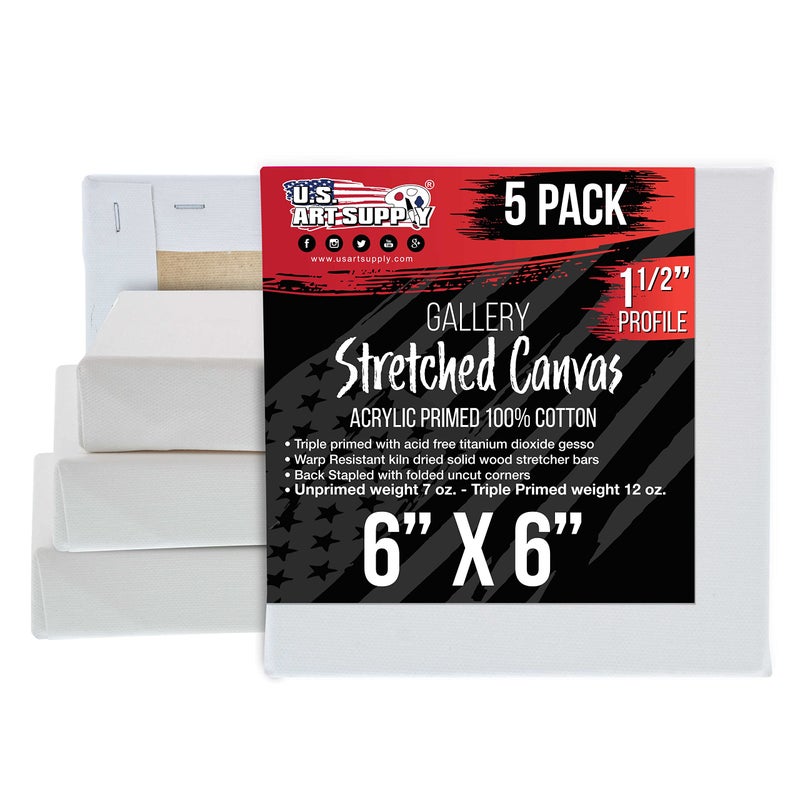 US Art Supply Square Stretched Canvas for Painting 6x6 inch Gallery Depth 112 Thick 5Pack  12oz Acrylic Gesso Triple Primed Professional Artist Quality 100 Cotton  Pouring Oil Paint