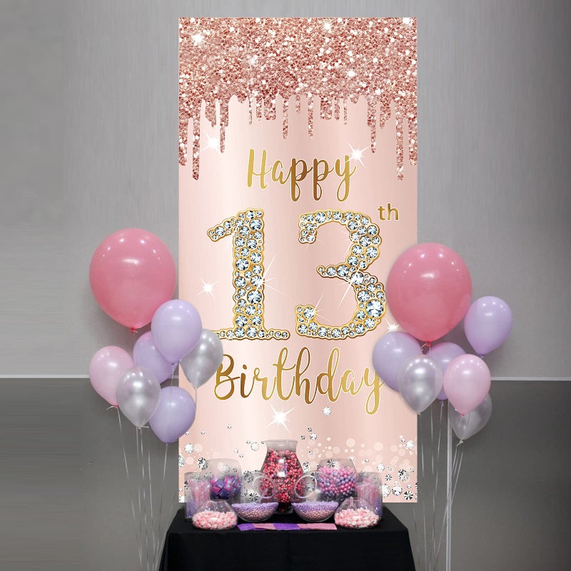 Excelloon Happy 13th Birthday Door Banner Backdrop Decorations for Girls, Pink Rose Gold 13 Birthday Party Door Cover Sign Supplies, Thirteenth Year Old Birthday Poster Background Photo Booth Props Decor - Image 5