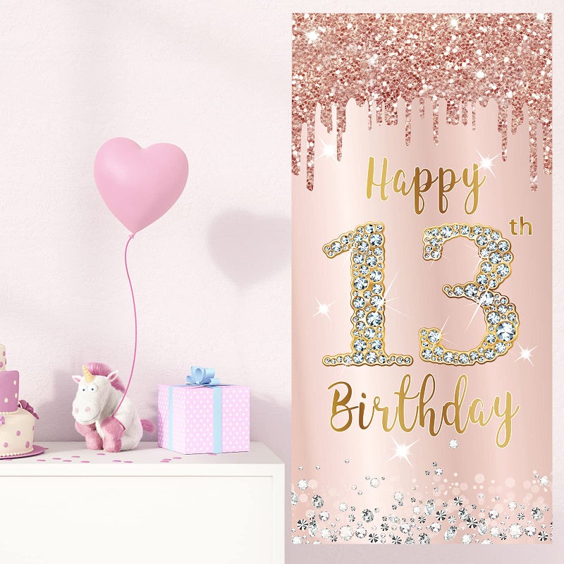 Excelloon Happy 13th Birthday Door Banner Backdrop Decorations for Girls, Pink Rose Gold 13 Birthday Party Door Cover Sign Supplies, Thirteenth Year Old Birthday Poster Background Photo Booth Props Decor - Image 4