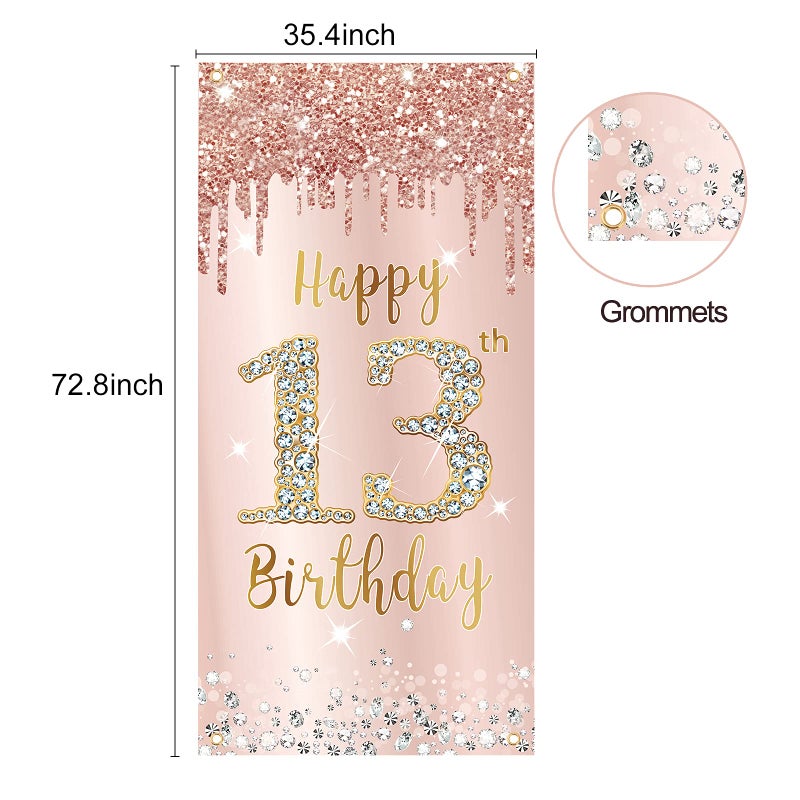 Excelloon Happy 13th Birthday Door Banner Backdrop Decorations for Girls, Pink Rose Gold 13 Birthday Party Door Cover Sign Supplies, Thirteenth Year Old Birthday Poster Background Photo Booth Props Decor - Image 2