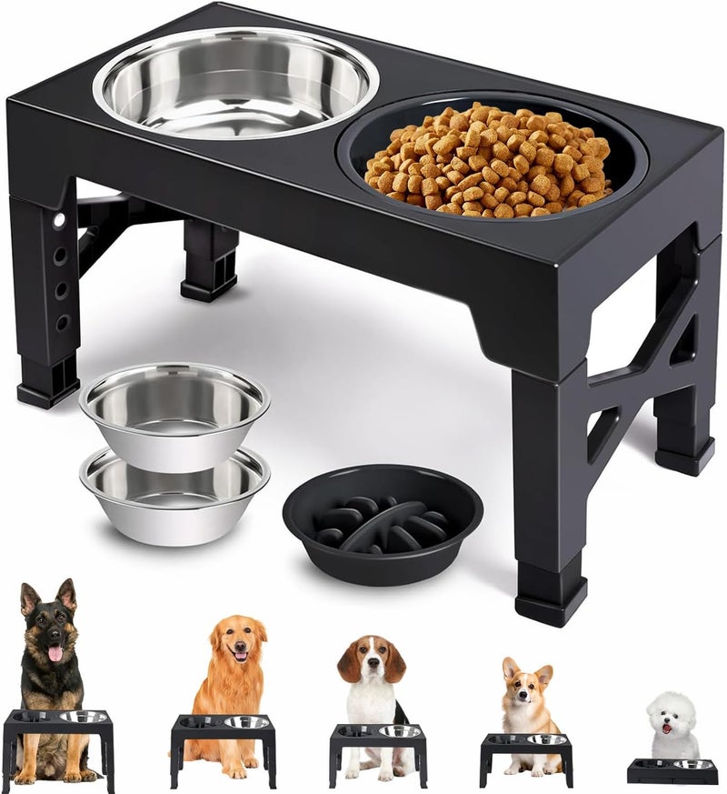 BLYPHOO KSA market popular practical build Elevated Dog Bowl: Raised Bowl Stand with Two 1.5L Stainless Steel Bowls & 1 Slow Feeder Dog Bowls, Adjustable Bowls Stand with Anti Slip Feet, for Small, Medium and Large Pets (black) Labor saving optimized design - Image 1
