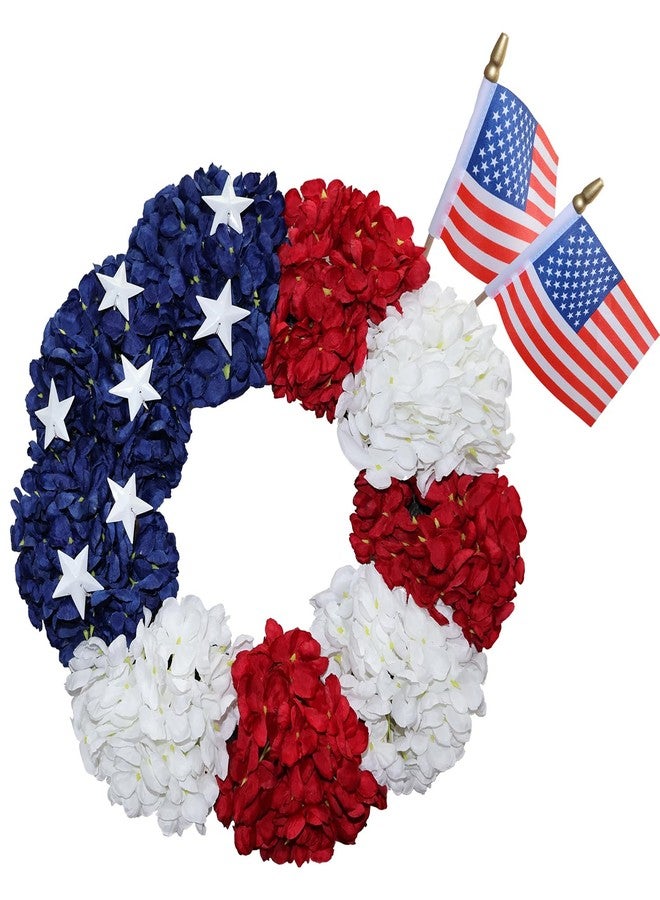 BINFEN 4th of July Wreath - Red White Blue Silk Hydrangea Patriotic Wreaths for Front Door, Memorial & Independence Day Decorations, Americana Decor for Porch Wall Window Outdoor (16”, with Flags) - Image 1