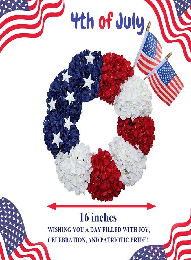 BINFEN 4th of July Wreath - Red White Blue Silk Hydrangea Patriotic Wreaths for Front Door, Memorial & Independence Day Decorations, Americana Decor for Porch Wall Window Outdoor (16”, with Flags) - Image 4
