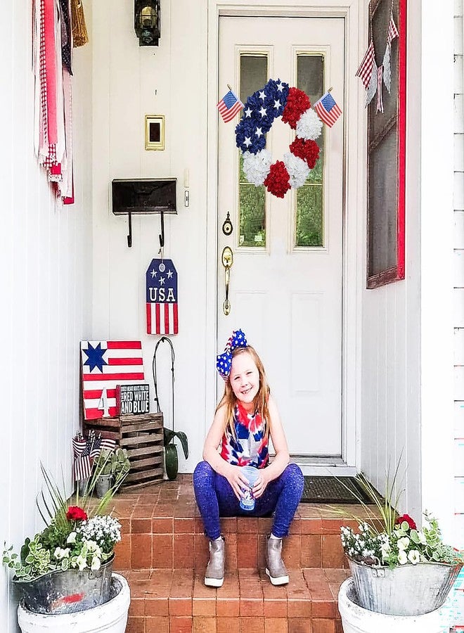 BINFEN 4th of July Wreath - Red White Blue Silk Hydrangea Patriotic Wreaths for Front Door, Memorial & Independence Day Decorations, Americana Decor for Porch Wall Window Outdoor (16”, with Flags) - Image 2