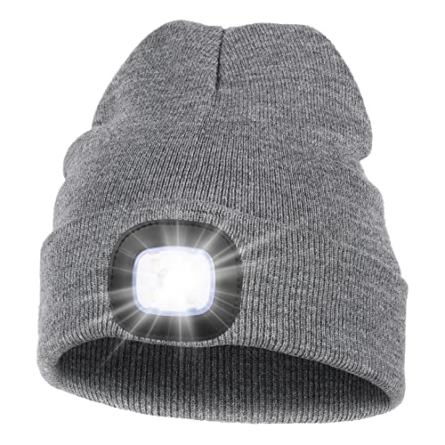 MELASA Unisex LED Beanie with The Light, USB Rechargeable Hands Free Headlamp Hat, Knitted Night Light Beanie Cap Flashlight Hat, Men Gifts for Dad Father Husband (Grey) - Image 1