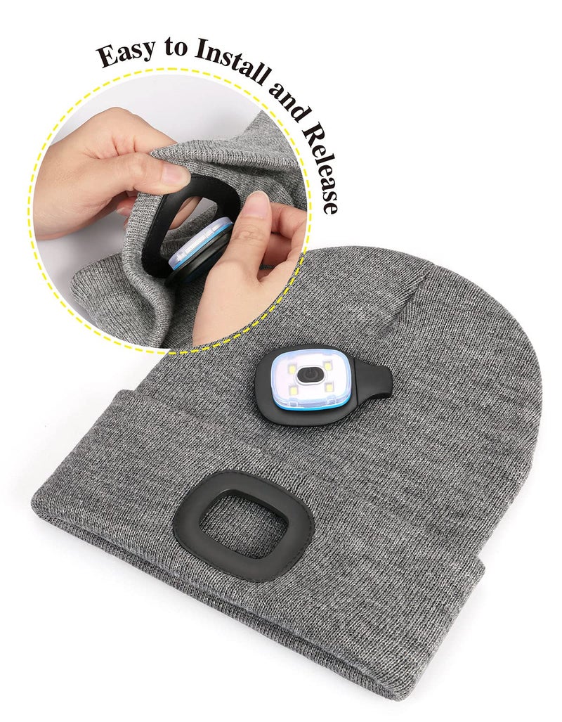 MELASA Unisex LED Beanie with The Light, USB Rechargeable Hands Free Headlamp Hat, Knitted Night Light Beanie Cap Flashlight Hat, Men Gifts for Dad Father Husband (Grey) - Image 4