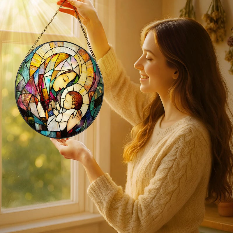 LAOWEIKI Baby Jesus and The Holy Mother Mary Sun Catcher, 8 Inch Stained Glass Window Hanging, Stained Glass Decor, Christian Home Decor, Christian Gifts for Women, Religious Gifts for Women - Image 2