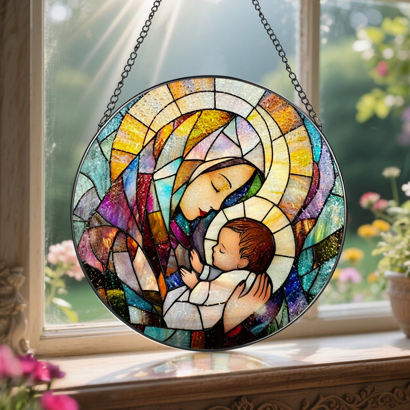 LAOWEIKI Baby Jesus and The Holy Mother Mary Sun Catcher, 8 Inch Stained Glass Window Hanging, Stained Glass Decor, Christian Home Decor, Christian Gifts for Women, Religious Gifts for Women - Image 5