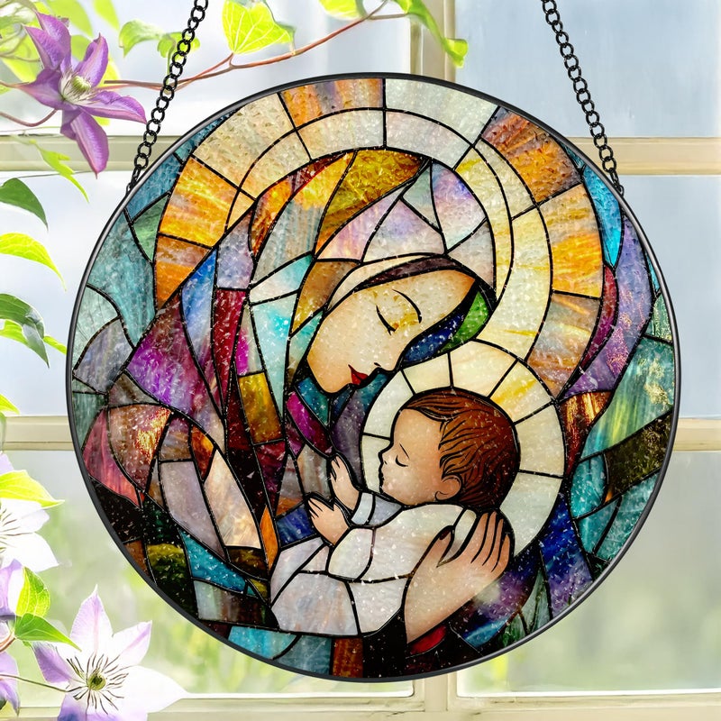 LAOWEIKI Baby Jesus and The Holy Mother Mary Sun Catcher, 8 Inch Stained Glass Window Hanging, Stained Glass Decor, Christian Home Decor, Christian Gifts for Women, Religious Gifts for Women - Image 1