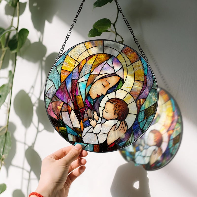 LAOWEIKI Baby Jesus and The Holy Mother Mary Sun Catcher, 8 Inch Stained Glass Window Hanging, Stained Glass Decor, Christian Home Decor, Christian Gifts for Women, Religious Gifts for Women - Image 3