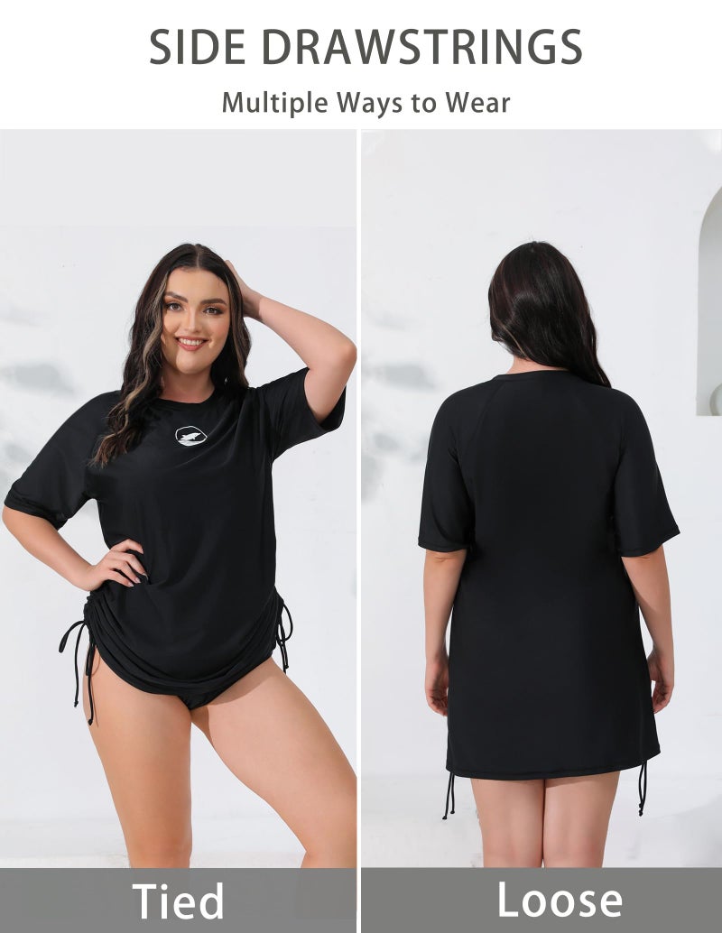 Halcurt قميص سباحة قصير الأكمام للنساء بحجم زائد من هالكورت مع حبل سحب لحماية من الشمس UPF50+ بلون أسود دولفين 1X - Image 3