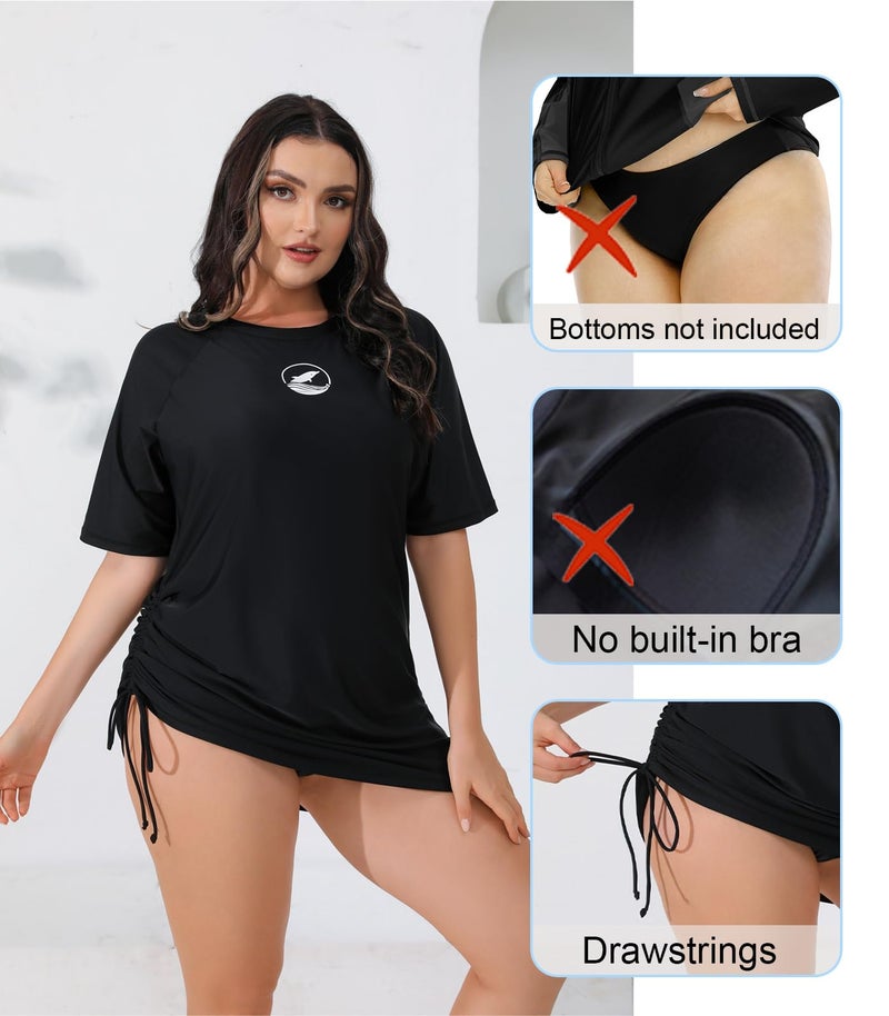 Halcurt قميص سباحة قصير الأكمام للنساء بحجم زائد من هالكورت مع حبل سحب لحماية من الشمس UPF50+ بلون أسود دولفين 1X - Image 2