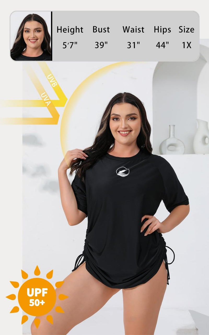 Halcurt قميص سباحة قصير الأكمام للنساء بحجم زائد من هالكورت مع حبل سحب لحماية من الشمس UPF50+ بلون أسود دولفين 1X - Image 4