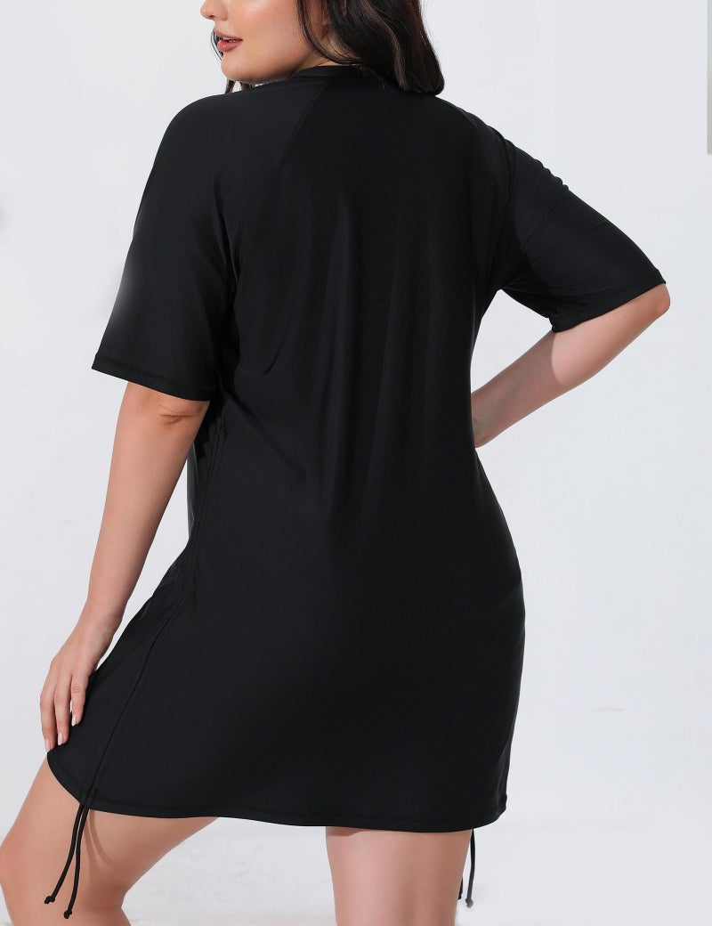 Halcurt قميص سباحة قصير الأكمام للنساء بحجم زائد من هالكورت مع حبل سحب لحماية من الشمس UPF50+ بلون أسود دولفين 1X - Image 5