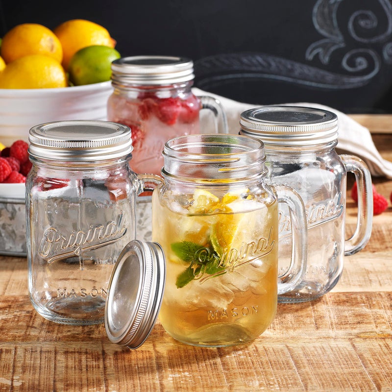 Glaver's Mason Jar 16 Oz. Glass Mugs with Handle and Lid Set Of 4 - Home Essentials & Beyond - Old Fashioned Drinking Glass Bottles Original Mason Jar Pint Sized Cup Set. - Image 3
