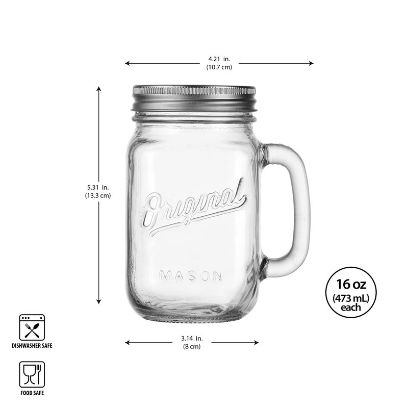 Glaver's Mason Jar 16 Oz. Glass Mugs with Handle and Lid Set Of 4 - Home Essentials & Beyond - Old Fashioned Drinking Glass Bottles Original Mason Jar Pint Sized Cup Set. - Image 4