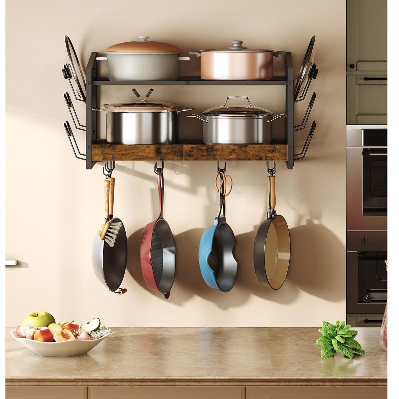 CHOEZON Hanging Pot Rack, Pot Rack Wall Mounted, 2-Tier Kitchen Pot and Lid Organizer, Wall-Mounted Pot Rack with 12 Hooks, for Kitchen Storage of Pots, Pans, Utensils, Rustic Brown TPR02BF - Image 4