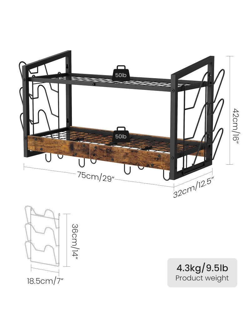 CHOEZON Hanging Pot Rack, Pot Rack Wall Mounted, 2-Tier Kitchen Pot and Lid Organizer, Wall-Mounted Pot Rack with 12 Hooks, for Kitchen Storage of Pots, Pans, Utensils, Rustic Brown TPR02BF - Image 2
