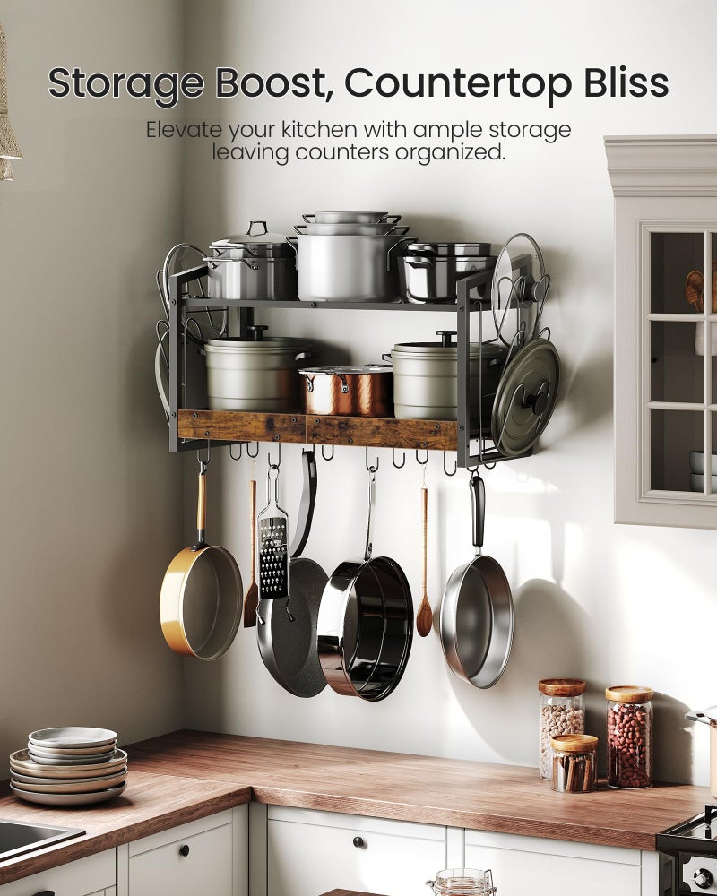CHOEZON Hanging Pot Rack, Pot Rack Wall Mounted, 2-Tier Kitchen Pot and Lid Organizer, Wall-Mounted Pot Rack with 12 Hooks, for Kitchen Storage of Pots, Pans, Utensils, Rustic Brown TPR02BF - Image 5