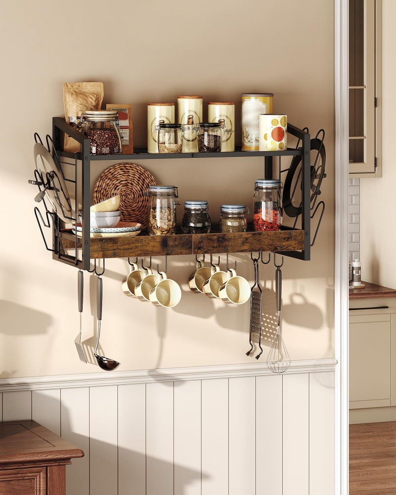 CHOEZON Hanging Pot Rack, Pot Rack Wall Mounted, 2-Tier Kitchen Pot and Lid Organizer, Wall-Mounted Pot Rack with 12 Hooks, for Kitchen Storage of Pots, Pans, Utensils, Rustic Brown TPR02BF - Image 3