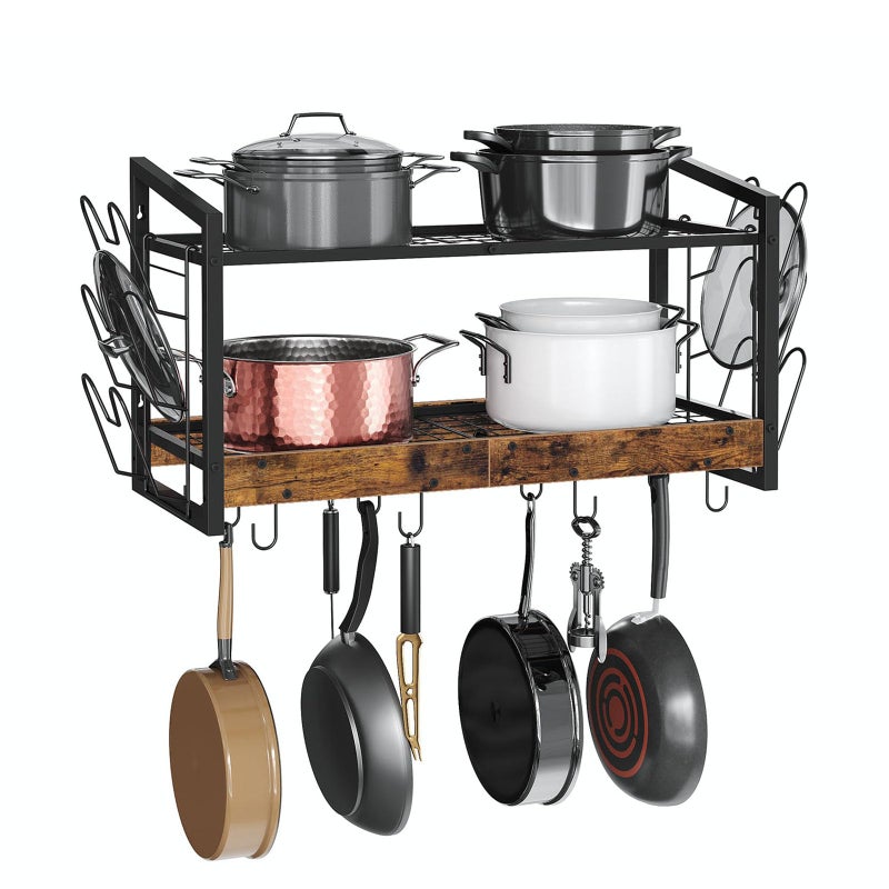CHOEZON Hanging Pot Rack, Pot Rack Wall Mounted, 2-Tier Kitchen Pot and Lid Organizer, Wall-Mounted Pot Rack with 12 Hooks, for Kitchen Storage of Pots, Pans, Utensils, Rustic Brown TPR02BF - Image 1