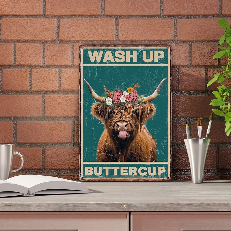 Sanwarm Metal Sign 8X12 Inch, Wash Up Buttercup Funny Highland Cow Vintage Tin Sign Wall Art Decor for Home, Bathroom, Toilet Decoration - Image 4