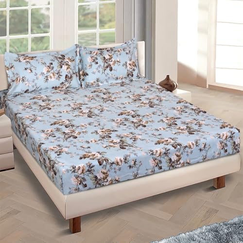 ROMEE Elegant Floral Printed Glace Cotton Double Bedsheet, 150 TC Soft Feel, Queen Size (90 x 100 Inches), with 2 Pillow Covers, Blue - Image 1