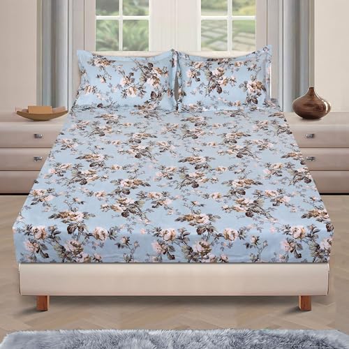 ROMEE Elegant Floral Printed Glace Cotton Double Bedsheet, 150 TC Soft Feel, Queen Size (90 x 100 Inches), with 2 Pillow Covers, Blue - Image 2